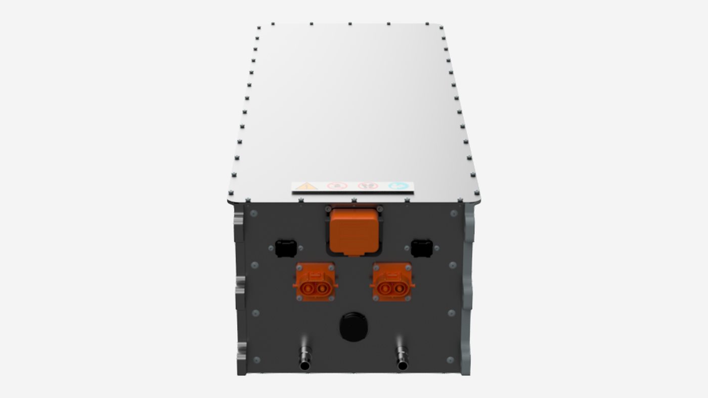 Energy storage battery pack: a single sealed enclosure with orange high-voltage connectors and coolant ports