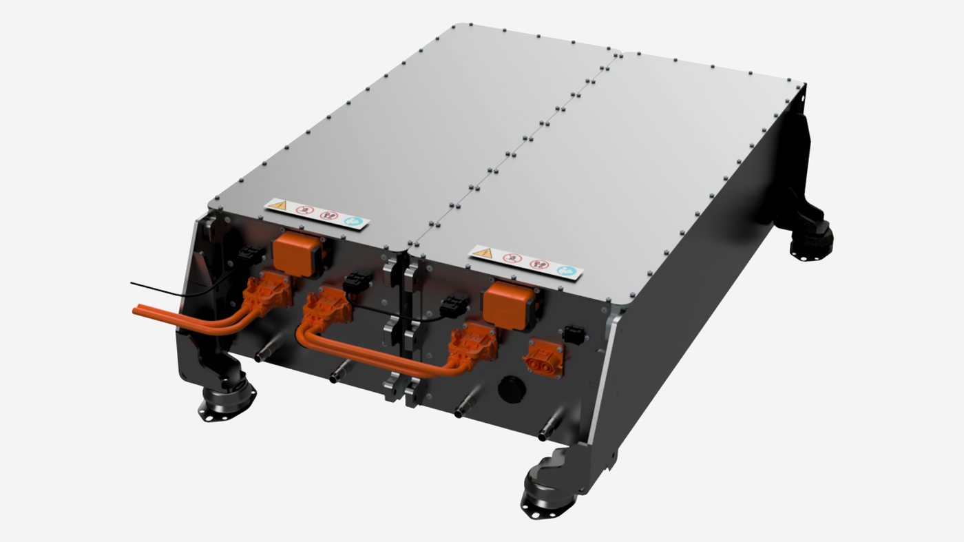 Marine battery pack: a two-bay sealed enclosure with orange high-voltage connectors, coolant ports and mounting feet