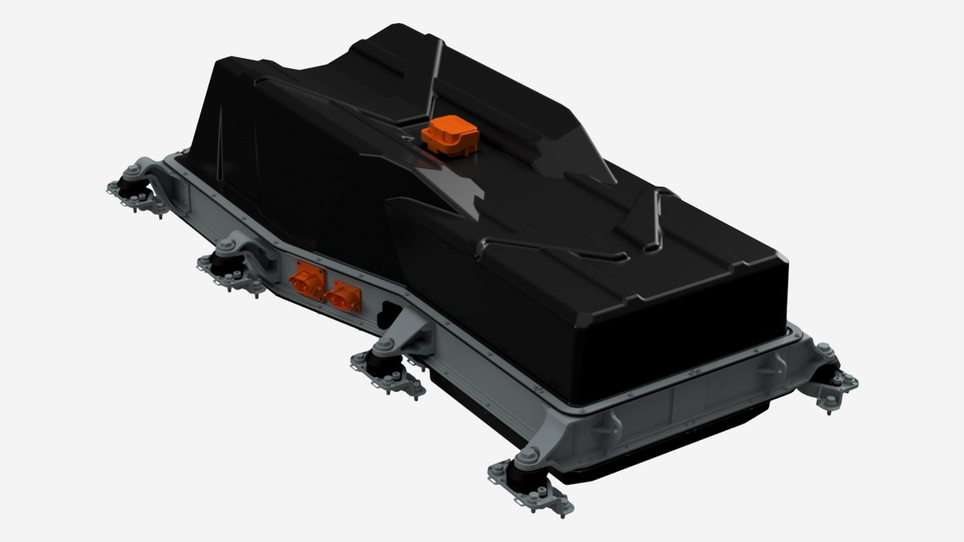 Tractive Pack: a moulded battery case contoured to its platform, on an anti-vibration mounting frame with orange high-voltage connectors and a service disconnect